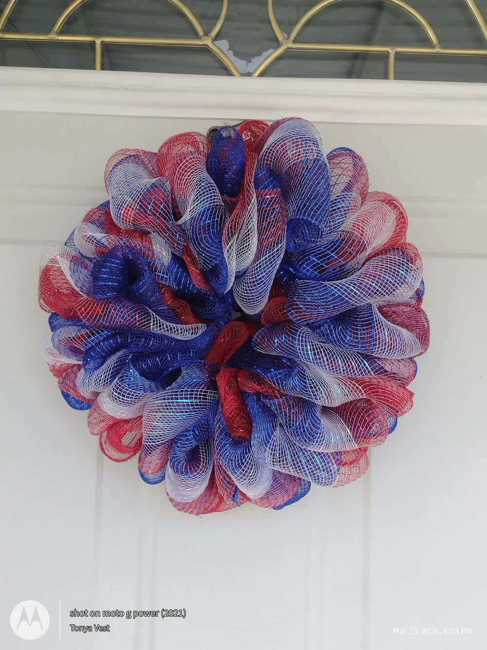 Patriotic Red, White & Blue Holiday Mesh Wreath